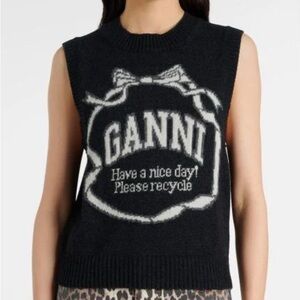 Ganni Black Wool Graphic Bow Vest Sweater Size XL Fabulous! NWOT $295